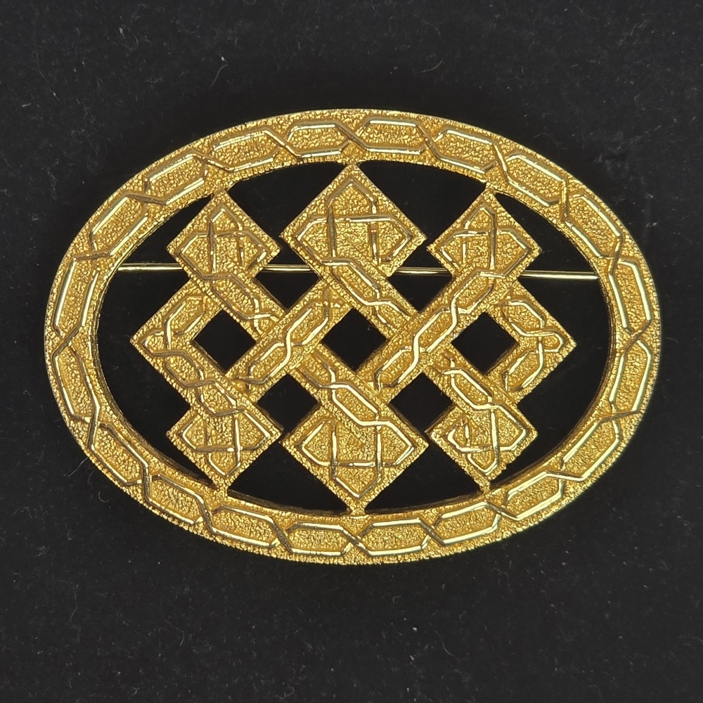 Christian Dior Rare Vintage Signed Brooch Gold Tone Geometric Lattice Design